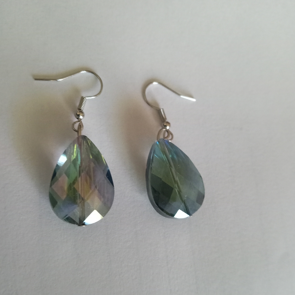 Hand Crafted Iridescent crystal teardrop shape dangling statement earrings